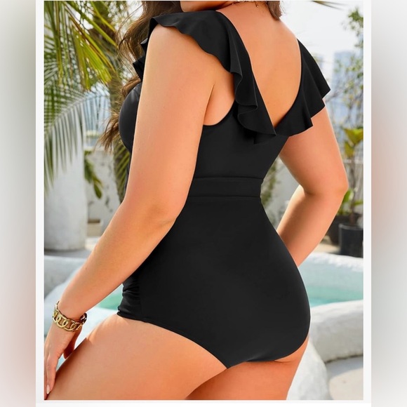 Black Ruffled tummy control one piece bathing suit  - Daci - Picture 2 of 8